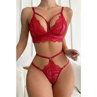 Kadın Kırmızı Cut-out Büstiyerli Beli Çapraz Lastikli Külotlu Çamaşır Takımı