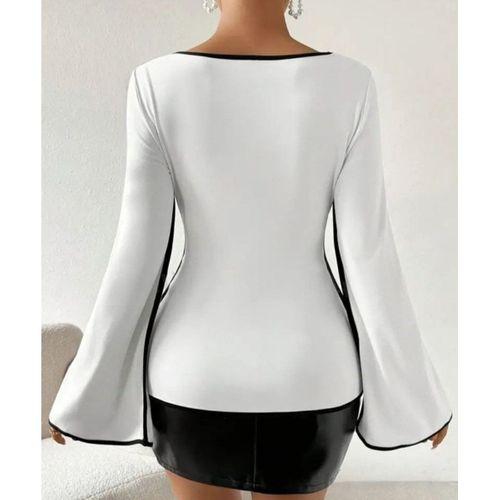 Kadın U Yaka Siyah şerit Detyalı Yarasa Kol Dalgıç Kumaş Arabiyeli Bluz