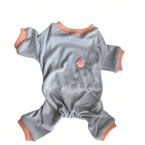 Sweet Cupcake Kedi Tulumu | Gri Beyaz İnce Çizgili Penye Kedi Kıyafeti