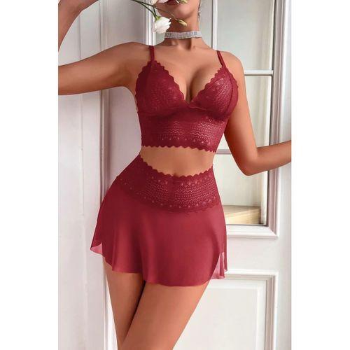 Kadın Bordo Dantel Ve Tül Detaylı Etekli Şık Gecelik Takımı