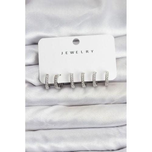 Gümüş Renk Pirinç Zirkon Taşlı Halka Kadın Küpe Seti