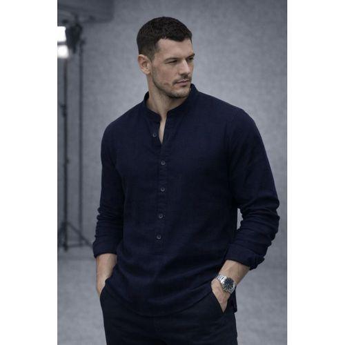 Hafif ve Nefes Alabilir Erkek Müslin Yarım Pat Hakim Yaka Oversize Gömlek - Lacivert