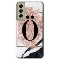 MRCİLETİSİM Samsung Galaxy S21 FE Kılıf Baskılı Kapak - Pembe Mermer Desenli Ö Harfi + 5D Tam Kaplayan Cam