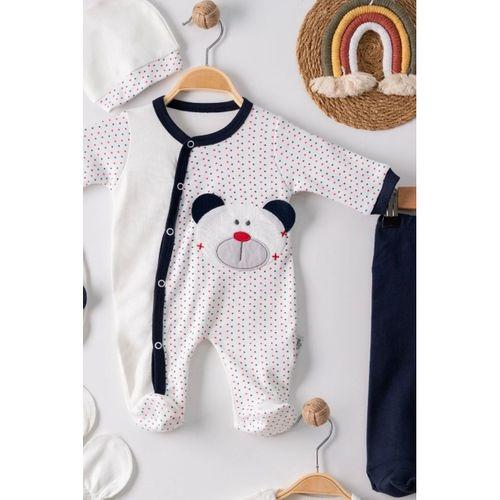 Puanlı Ayıcık Nakışlı Tulumlu % 100 Pamuk Erkek Bebek 5'li Set