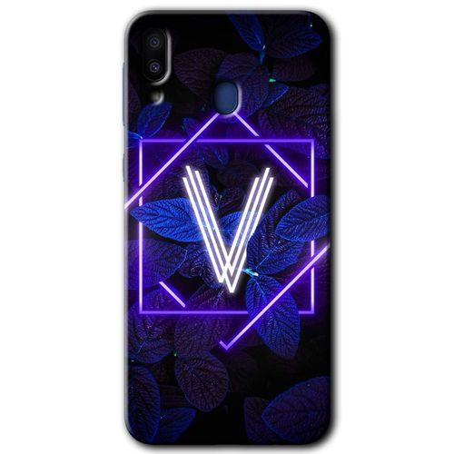 MRCİLETİSİM MRCİLETİSİM Samsung Galaxy M20 Kılıf HD Desen Baskılı Arka Kapak + Temperli Cam - Dark Neon Yaprak V Harfi