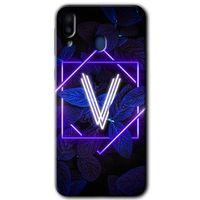 MRCİLETİSİM MRCİLETİSİM Samsung Galaxy M20 Kılıf HD Desen Baskılı Arka Kapak + Temperli Cam - Dark Neon Yaprak V Harfi