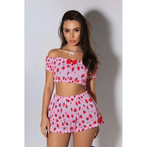 Kadın Pembe Çilek Desenli Şortlu Pijama Takımı
