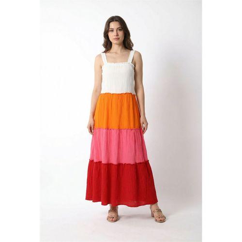 Askılı Kare Yaka Maria Renk Bloklu Yazlık Müslin Uzun Elbise Kırmızı Krmz