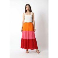 Askılı Kare Yaka Maria Renk Bloklu Yazlık Müslin Uzun Elbise Kırmızı Krmz