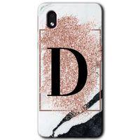 Galaxy A01 Core Kılıf HD Desen Baskılı Arka Kapak - Pembe Mermer Desenli D Harfi + Kırılmaz Cam