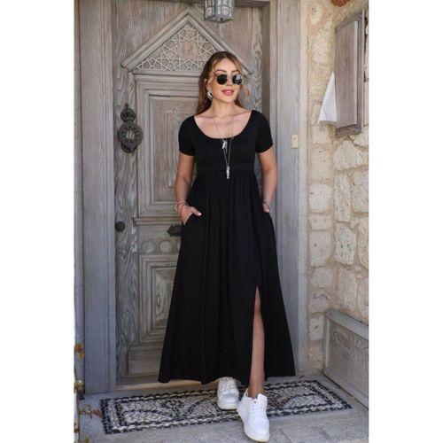 Kadın Kısa Kollu Yuvarlak Yaka önden Yırtmaçlı Cepli Viskon Uzun Elbise