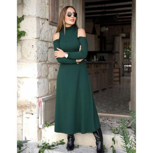 Kadın Balıkçı Yaka Omuzlardan Açık Uzun Kollu Janjan Krep Elbise