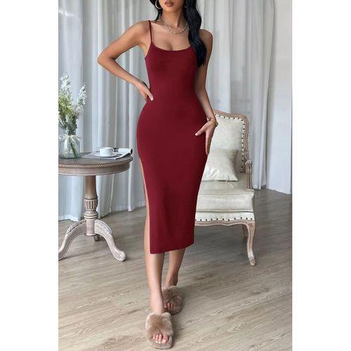 Kadın Bordo Yırtmaçlı Diz Altı Vücüdu Saran Gecelik