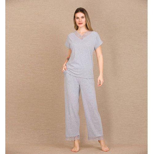 Viskon Şık Tasarım Dantel İşlemeli Gri Kısa Kol Pijama Takımı