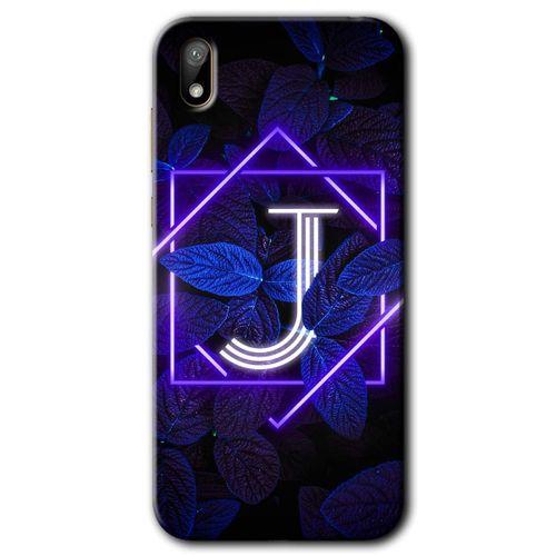 Huawei Y5 2019 Kılıf HD Desen Baskılı Arka Kapak + Temperli Cam - Dark Neon Yaprak J Harfi
