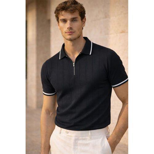 Jared Yakası Şeritli Dik Çizgili Yarım Fermuar İnce Triko Erkek T-Shirt - Siyah