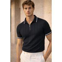 Jared Yakası Şeritli Dik Çizgili Yarım Fermuar İnce Triko Erkek T-Shirt - Siyah