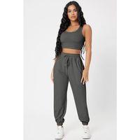 Kadın Antrasit Gri Kaşkorse Cepli Jogger Eşofman Altı Ve Crop Top Bluz