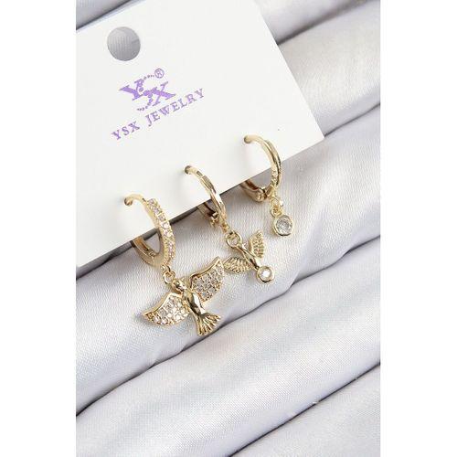 Pirinç Zirkon Taşlı 3'lü Kuş Model Gold Renk Kadın Küpe