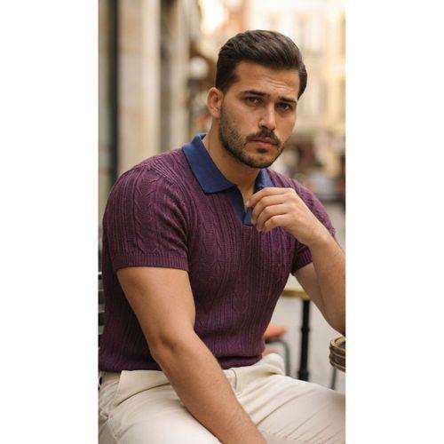 Erkek Desenli Kısa Kollu Triko Tişört - %100 Pamuk Akrilik