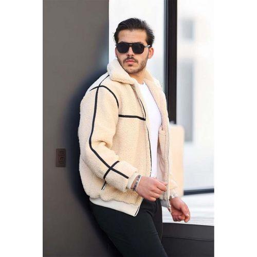 İçi Astarlı Şerit Detaylı Peluş Erkek Mont - Ekru