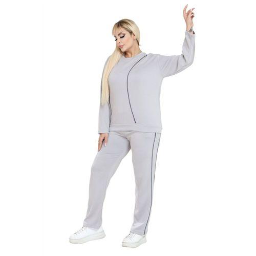 Melsay Butik Büyük Beden Açık Gri Lacivert Çizgi Detay Modal Kadın Eşofman Takımı