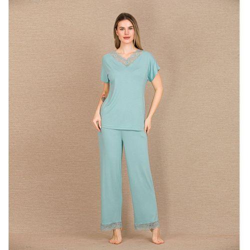 Viskon Şık Tasarım Dantel İşlemeli Mint Yeşil Kısa Kol Pijama Takımı