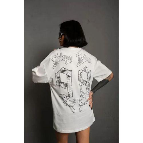 Pilelistore Unisex Bisiklet Yaka Baskılı Oversize T-Shirt - Beyaz
