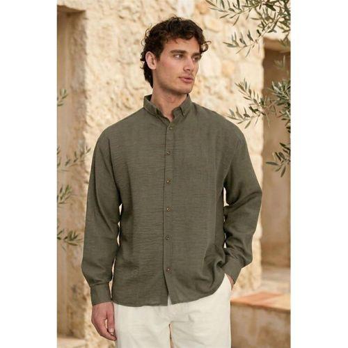 Pera Kumaş Keten Görünümlü Yarım Oversize Uzun kollu Erkek Gömlek - Çam Yeşili