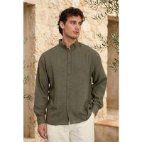 Pera Kumaş Keten Görünümlü Yarım Oversize Uzun kollu Erkek Gömlek - Çam Yeşili