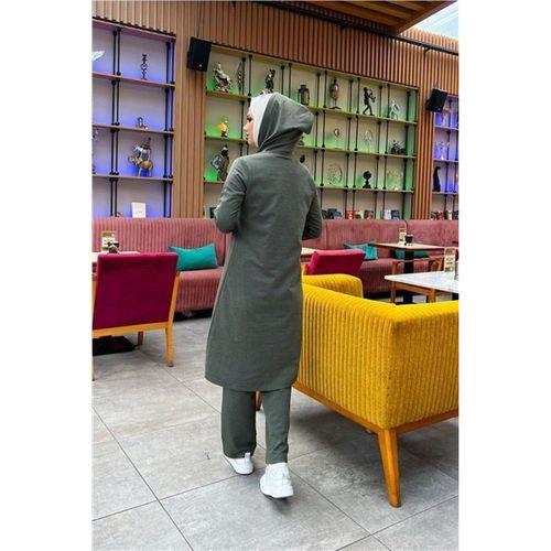 Kapşonlu Düğmeli Sade Basic Uzun Tunik ve Pantolon İkili Spor Takım - 03072.005 - Haki