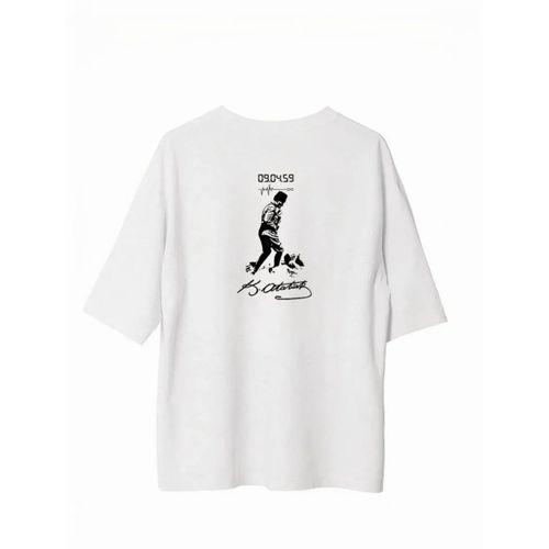 Unisex Bisiklet Yaka Baskılı Oversize T-Shirt - Beyaz