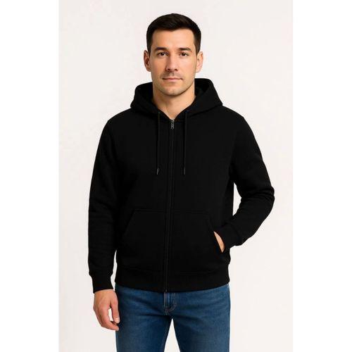 Erkek Üç İplik Kapüşonlu Tam Fermuarlı Kanguru Çepli SweatShirt Hoodie - Siyah