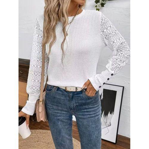 Kadın Uzun Kollu Bisiklet Yaka Kolları Tüllü Waffle Bluz