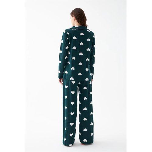 Kadın Zümrüt Yeşili Kalp Desenli Düğmeli Pamuklu Pijama Takımı