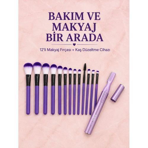 12’li Mor Makyaj Fırça Seti Ve Kaş Düzeltme Cihazı Kadın Makyaj Ve Kişisel Bakım Seti