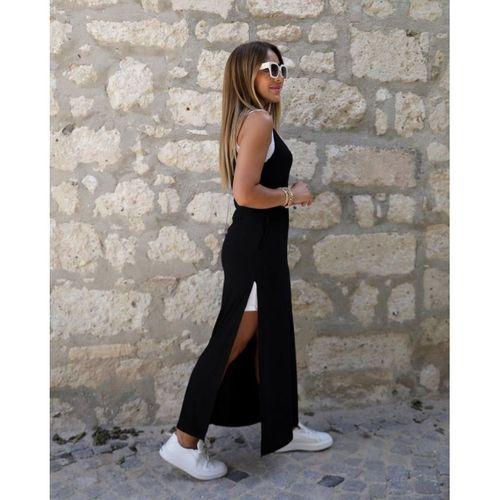 Kadın Askılı Yuvarlak Yakalı Cepli Yırtmaç Detaylı Viskon Elbise Ve Atlet Ikili Takım