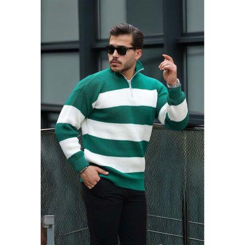 Oversize Çizgili Selanik Örgülü Yarım Fermuar Triko Erkek Kazak - Yeşil