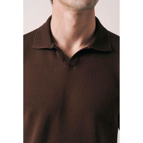 Dawson Polo V Yaka Düğmesiz Kısa Kollu Tok Kumaş Triko Erkek T-Shirt - Kahve