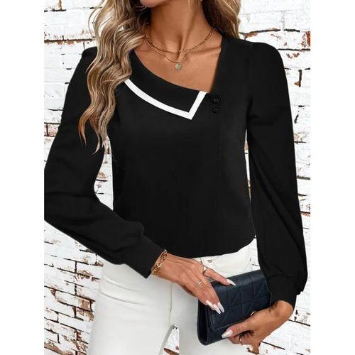 Kadın Uzun Kollu Yaka Detaylı Düğmeli Ithal Krep Bluz