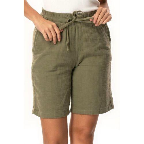 İnci Bağlamalı Uzun Yazlık Müslin Şort Haki Hk