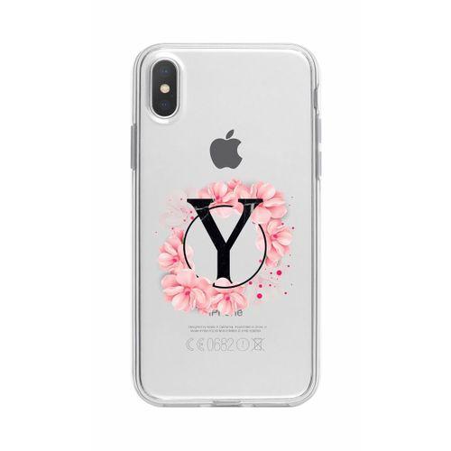 iPhone X Pembe Çiçek Desen Y Harfli Şeffaf Kılıf