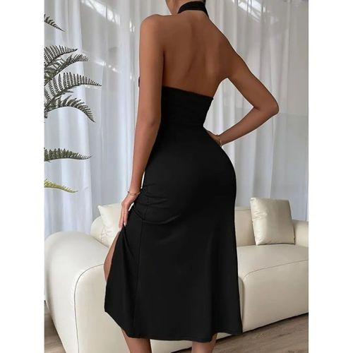 Kadın Sırt Dekolteli Boyun çapraz Yakalı Yırtmaç Detay Midi Sandy Elbise