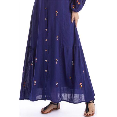 Uzun Kol Mor Nakışlı Püskül Bağcıklı Hakim Yaka Yazlık Şile Bezi Uzun Elbise