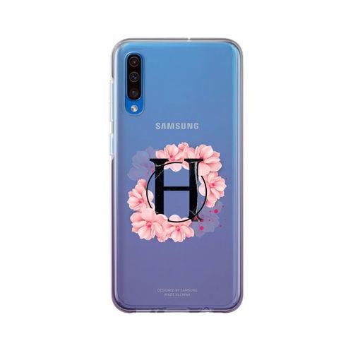 Samsung A30s Pembe Çiçek Desen H Harfli Şeffaf Kılıf