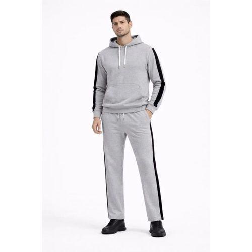 Erkek Şeritli Eşofman Takım Kapüşonlu Sweatshirt Boru Paça Alt, Oversize 3 Iplik Pamuklu - Gri