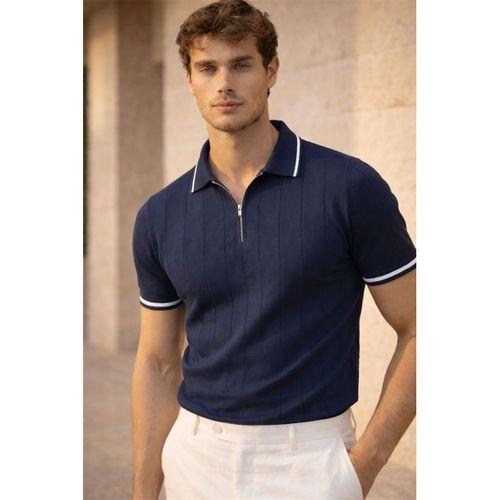 Jared Yakası Şeritli Dik Çizgili Yarım Fermuar İnce Triko Erkek T-Shirt - Lacivert