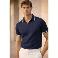 Jared Yakası Şeritli Dik Çizgili Yarım Fermuar İnce Triko Erkek T-Shirt - Lacivert