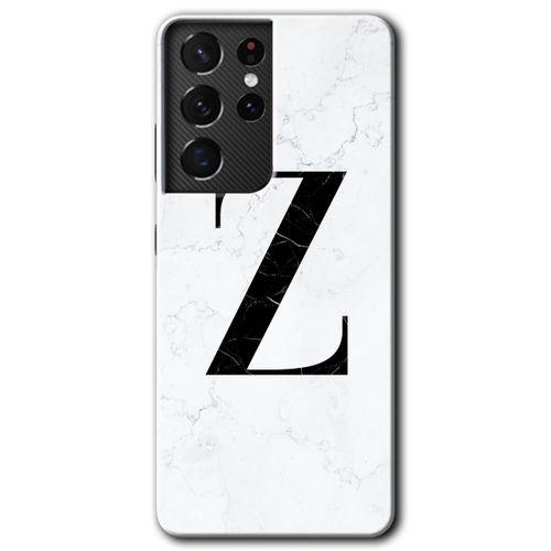 MRCİLETİSİM Samsung Galaxy S21 Ultra Kılıf HD Desen Baskılı Arka Kapak + Temperli Cam - Beyaz Mermer Desenli Z Harfi