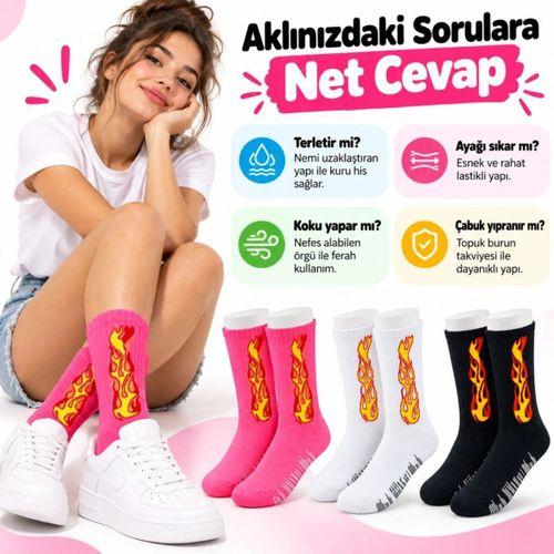 Unisex Alev Desenli Çorap 3'lü Set Pamuklu Uzun Soket Dikişsiz Nefes Alan Günlük Spor Çorabı Yumuşak